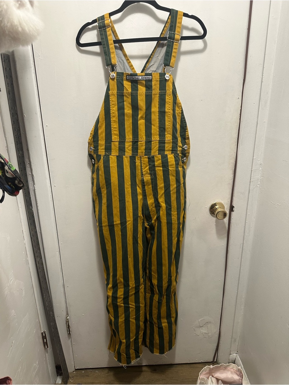 Game Bibs Striped Overalls Size M Green Gold Mustard Retro Game Day